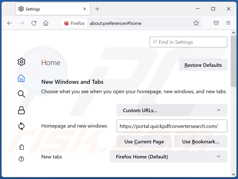 quickpdfconvertersearch.com von der Mozilla Firefox Startseite entfernen