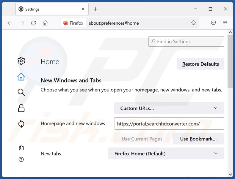 searchhdconverter.com von der Mozilla Firefox Startseite entfernen