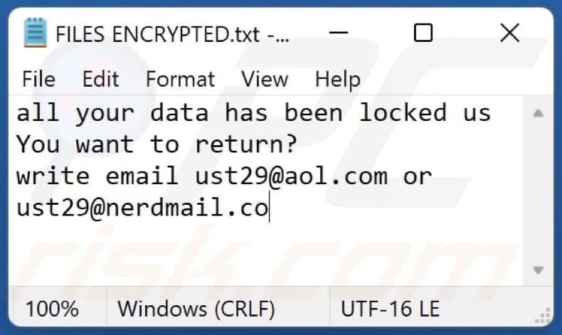 Ust29 Ransomware Lösegeldmitteilung (FILES ENCRYPTED.txt)