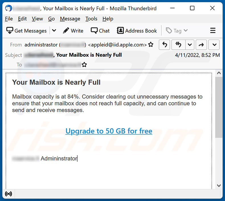 Spam-E-Mail zum Thema Postfachkapazität (2022-04-13)