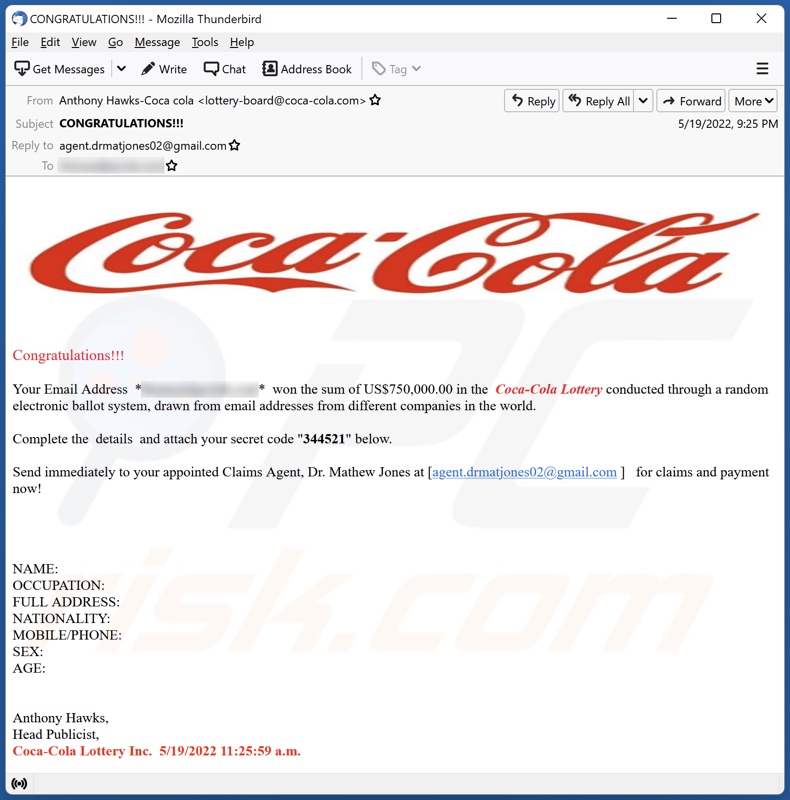 Coca Cola Lottery E-Mail Spam-Kampagne