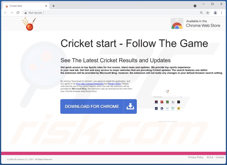 Zur Förderung des Cricket Start Browserentführers benutzte Webseite