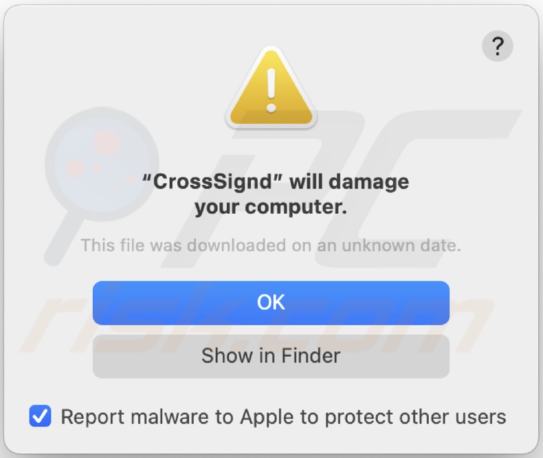 Angezeigtes Dialogfenster, wenn die Gegenwart von CrossSign Adware erkannt wird