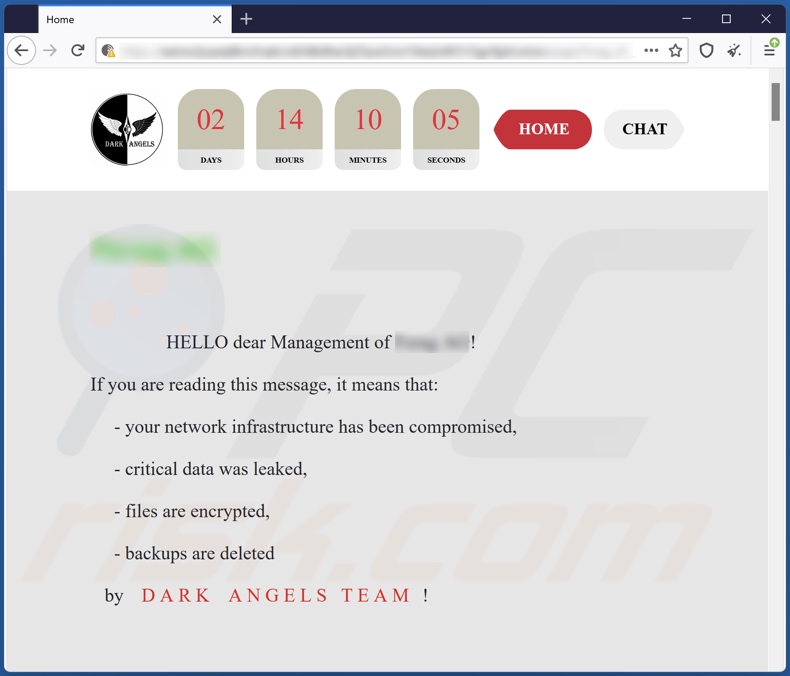 Dark Angels Team Ransomware Webseite