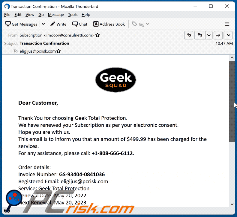 Aussehen des Geek Squad E-Mail Betrugs