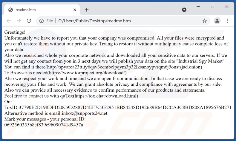 Industrial Spy Market Ransomware Lösegeldfordernde Nachricht (readme.html)