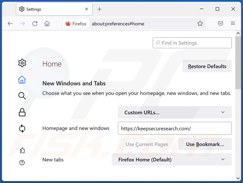 keepsecuresearch.com von der Mozilla Firefox Startseite entfernen