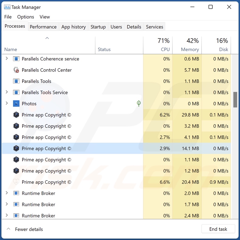 Prime Adware Prozess im Task-Manager (Prime app Copyright © - Prozessname)