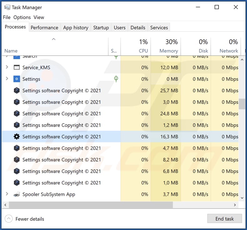 Settings Adware läuft im Task-Manager als Settings software Copyright © 2021