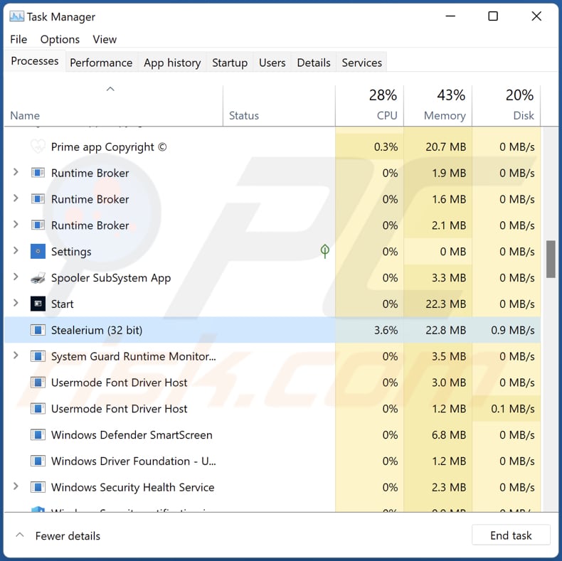 Stealerium Malware-Prozess läuft im Task-Manager