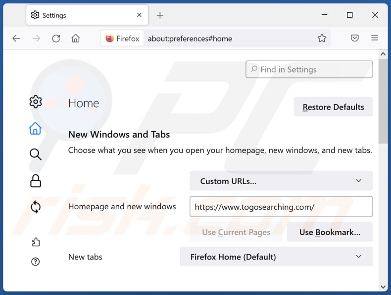 togosearching.com von der Mozilla Firefox Startseite entfernen