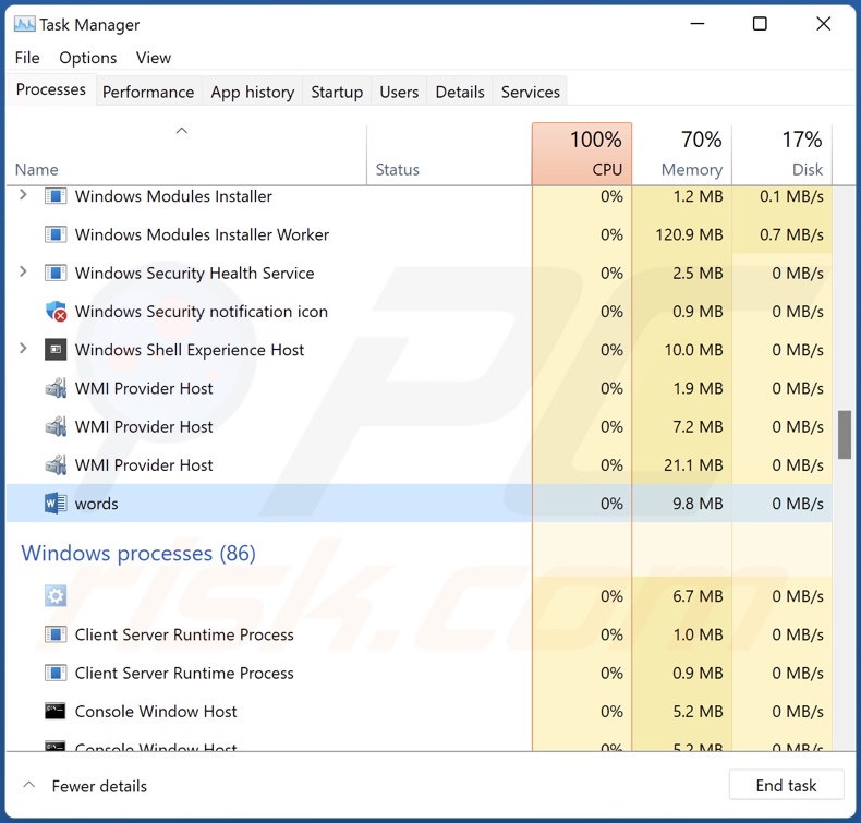 Words-Malware-Prozess im Task-Manager (Wörter – Prozessname)