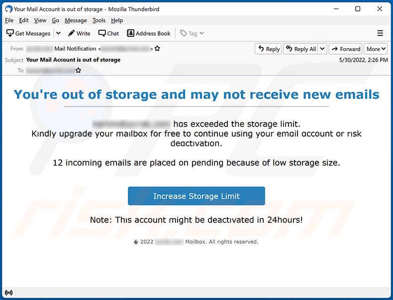 You're out of storage and may not receive new emails spam fördert eine Phishing-Seite