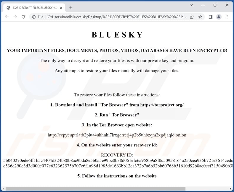 BlueSky Ransomware Lösegeldfordernde Nachricht (# DECRYPT FILES BLUESKY #.html)