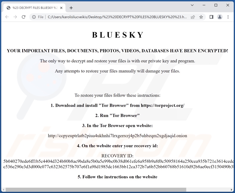 BlueSky Ransomware Lösegeldfordernde Nachricht (# DECRYPT FILES BLUESKY #.html)