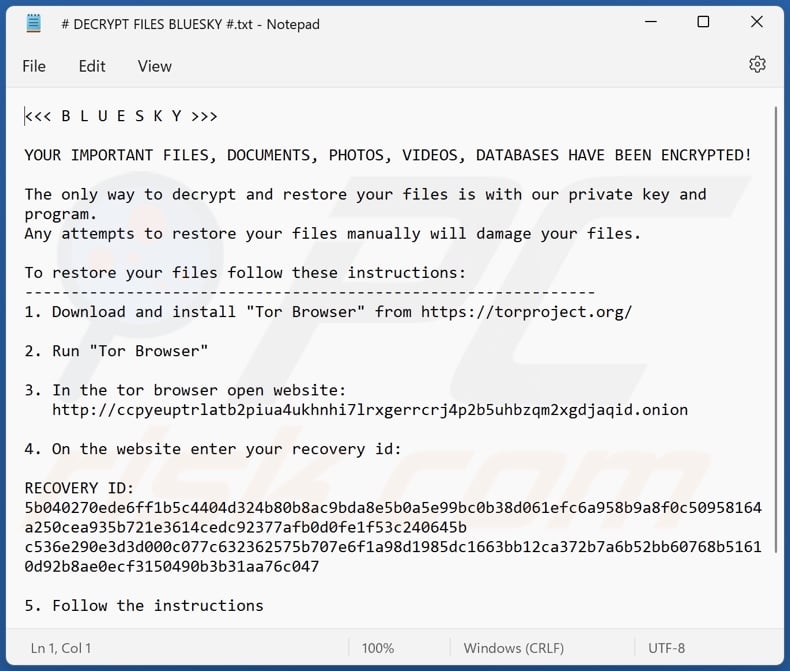BlueSky Ransomware Textdatei (# DECRYPT FILES BLUESKY #.txt)