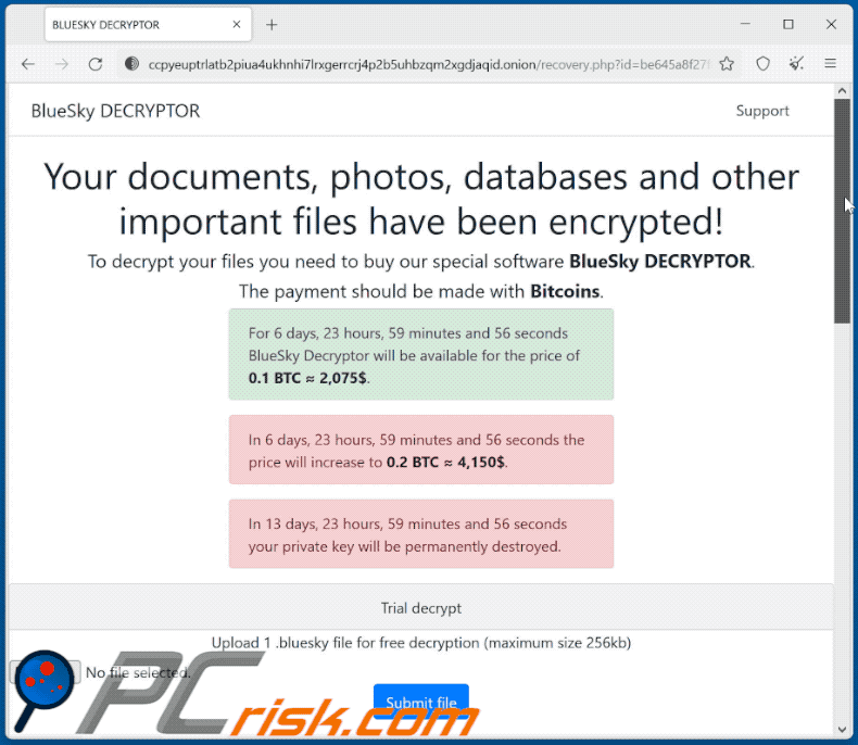 BlueSky Ransomware Tor Webseite (GIF)