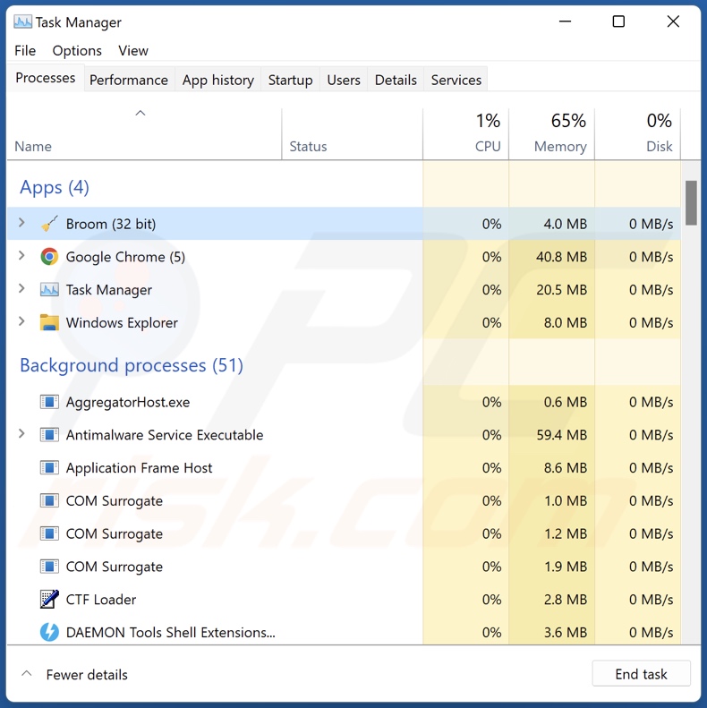 Broom Cleaner unerwünschte Anwendungsprozess im Task-Manager (Broom - Prozessname)