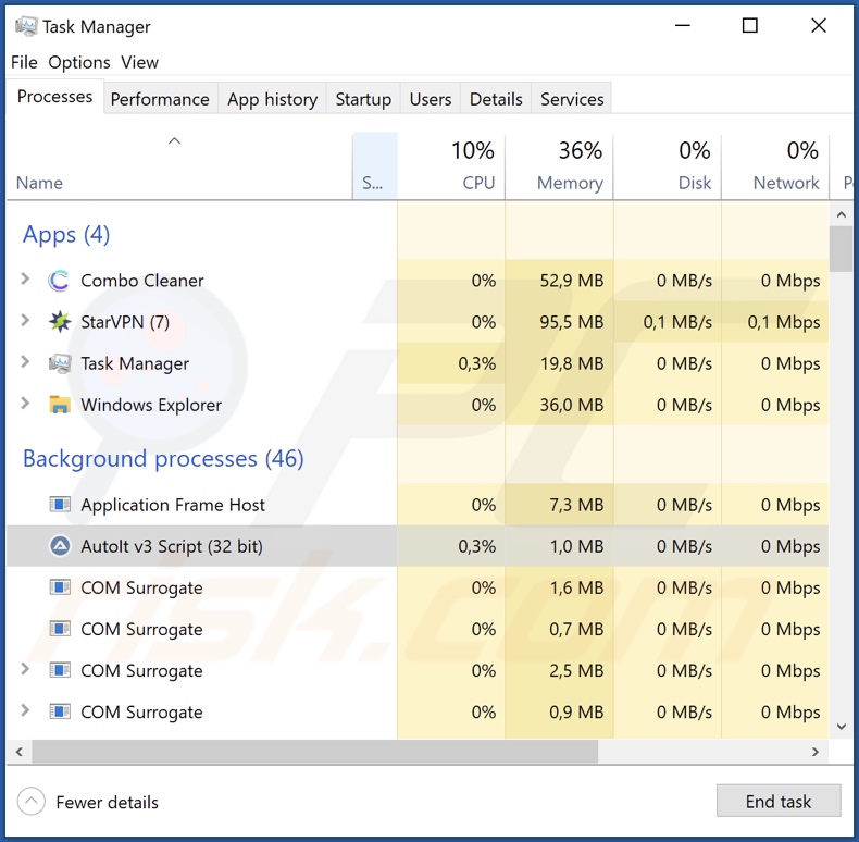 CryptoWallet Address Replacing Virus Prozessbeispiel im Task Manager