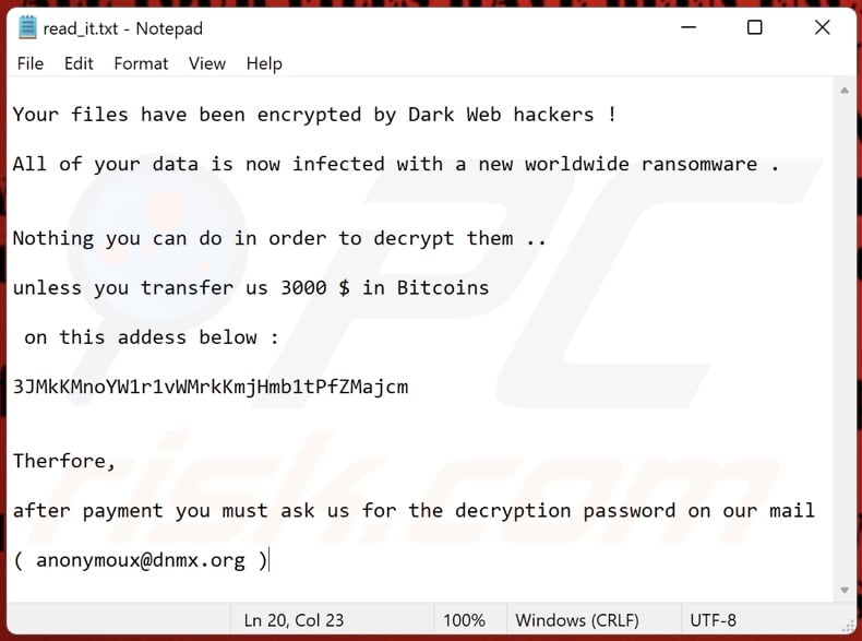 Dark Web Hacker Ransomware eine weitere Variante der Lösegeldforderung (read_it.txt)