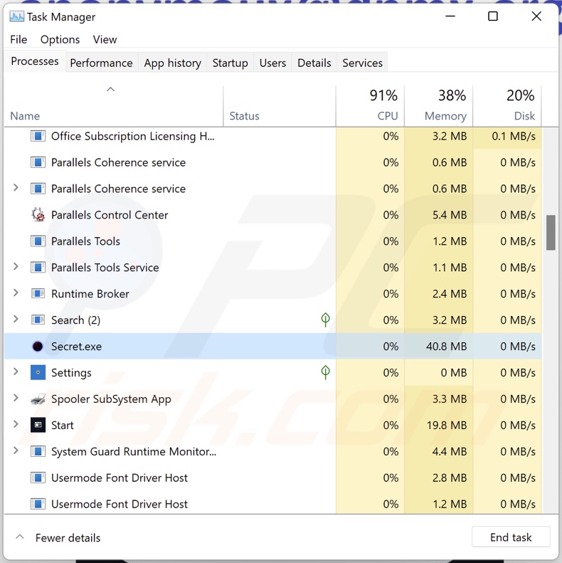 Dark Web Hacker Ransomware Prozess im Task Manager (Secret.exe)