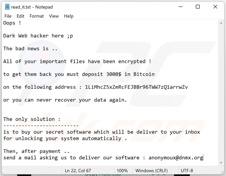 Dark Web Hacker Ransomware Lösegeldfordernde Nachricht (read_it.txt)