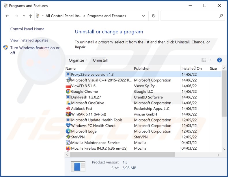 proxy2service Malware auf der Liste installierter Programme