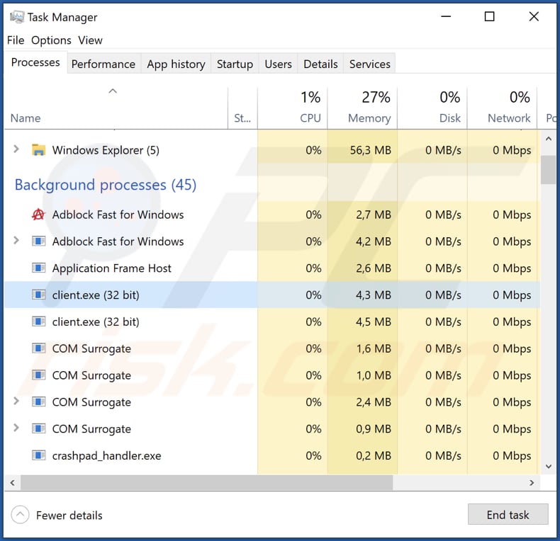 proxy2service Malware läuft im Task-Manager als client.exe