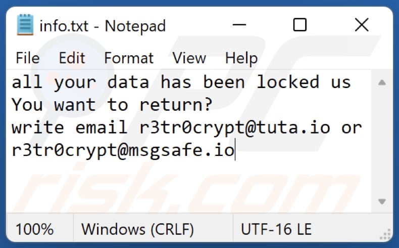 r3tr0 Ransomware Lösegeldmitteilung Textdatei (info.txt)
