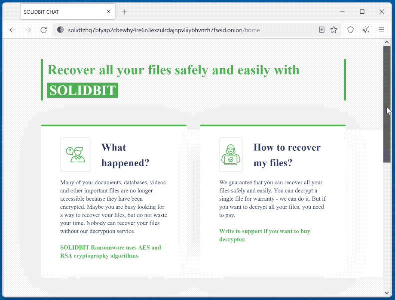 solidbit Ransomware Lösegeldmitteilung Tor Webseite gif