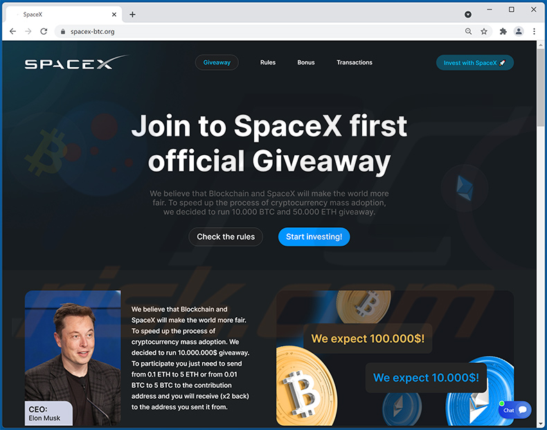 Krypto Giveaway Webseite mit dem Thema SpaceX- spacex-btc.org