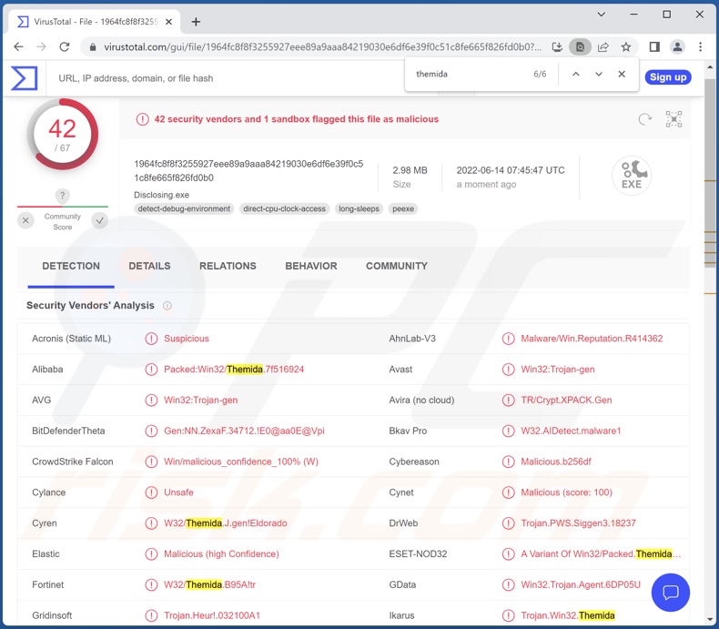 Themida Erkennungen auf VirusTotal