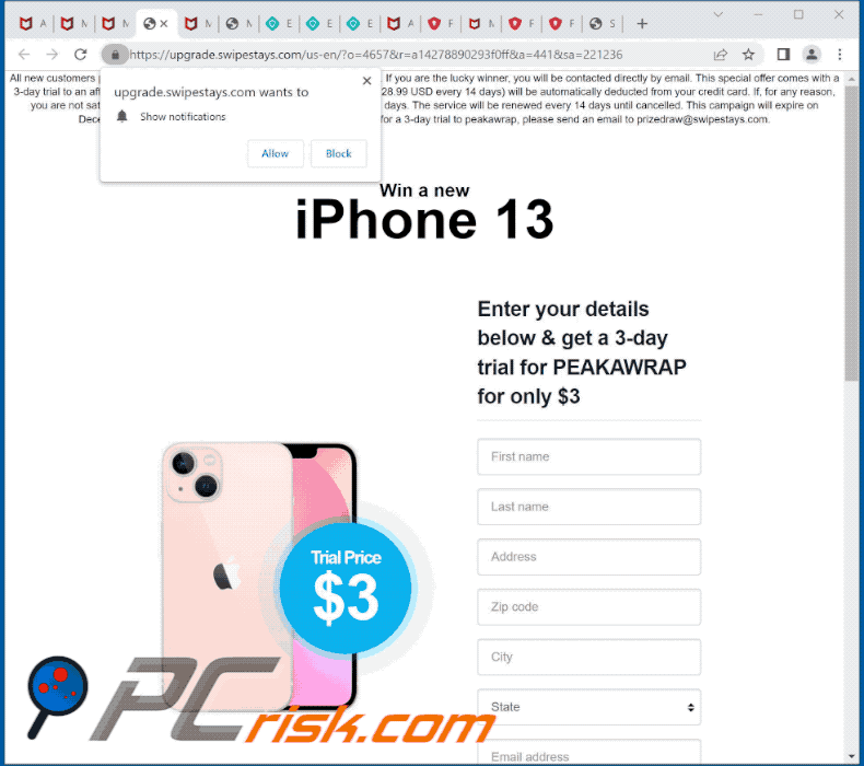 Aussehen des Win A New iPhone 13 Betrugs (GIF)