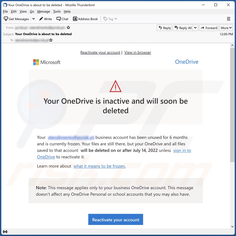 Your OneDrive Is Inactive And Will Soon Be Deleted E-Mail-Spam-Kampagne