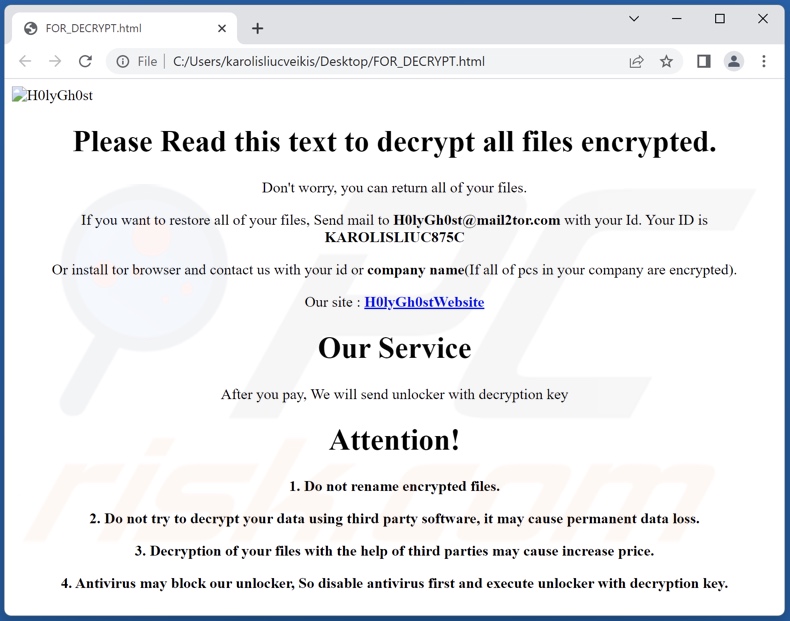 H0lyGh0st Ransomware Lösegeldfordernde Nachricht (FOR_DECRYPT.html)