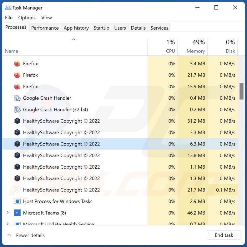 Healthy Adware Prozess im Task Manager (HealthySoftware Copyright © 2022 - Prozessname)