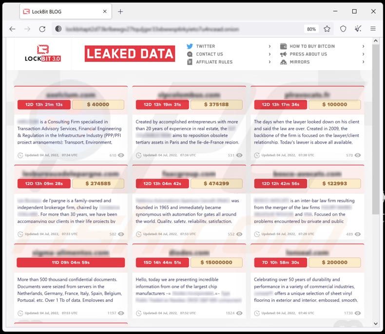 LockBit 3.0 Ransomware Webseite mit Datenlecks