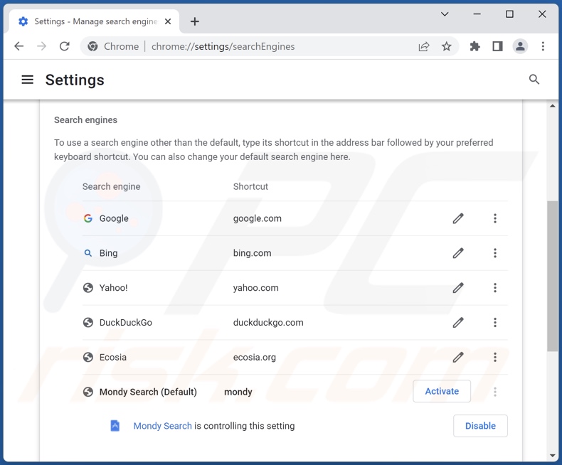 mondysearch.com von der Google Chrome Standardsuchmaschine entfernen