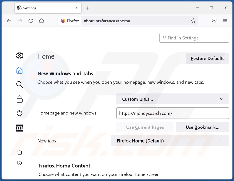 mondysearch.com von der Mozilla Firefox Startseite entfernen