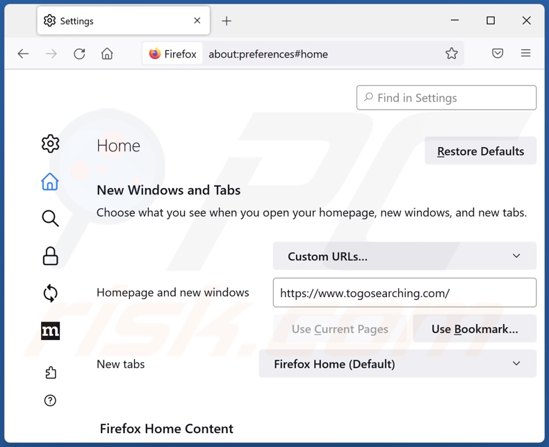 togosearching.com von der Mozilla Firefox Startseite entfernen