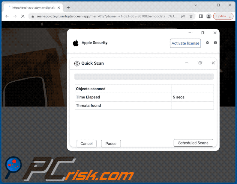 Aussehen des Apple Security Center Betrugs (GIF)