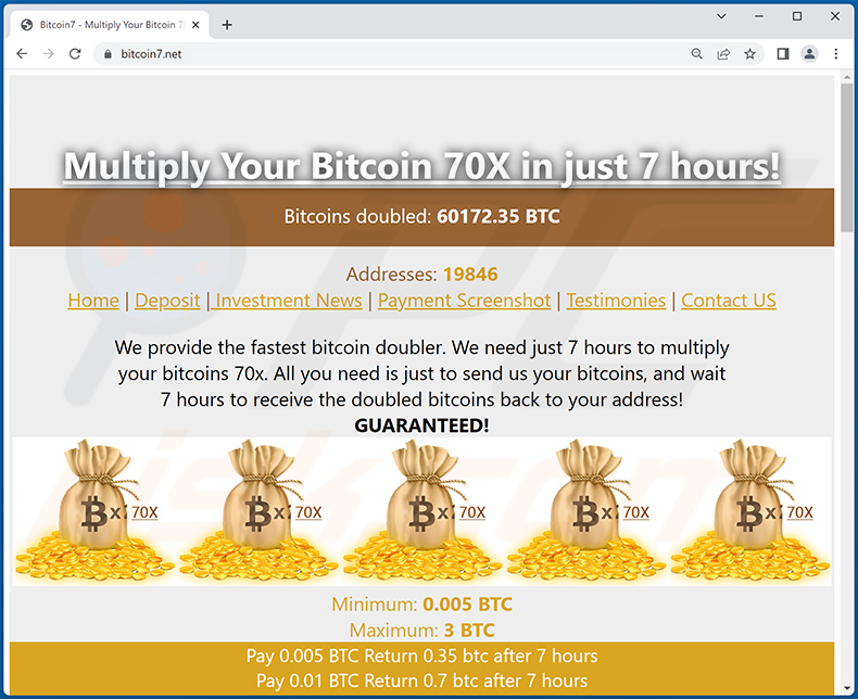 Bitcoin Betrugs-Webseite mit dem Thema Verlosung (bitcoin7.net)