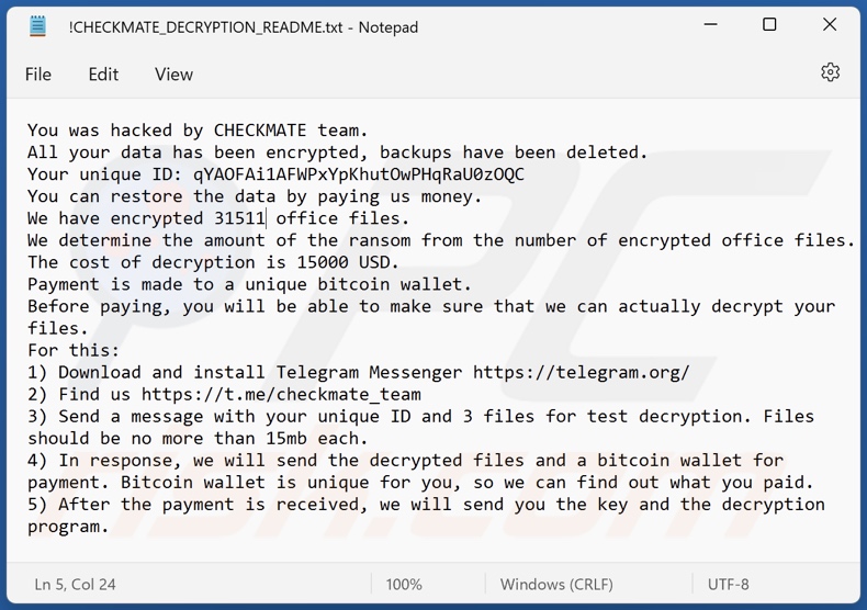 Checkmate Ransomware Lösegeldfordernde Nachricht (!CHECKMATE_DECRYPTION_README.txt)