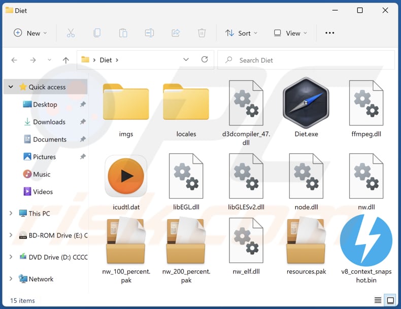 Diet adware installation folder and its contents