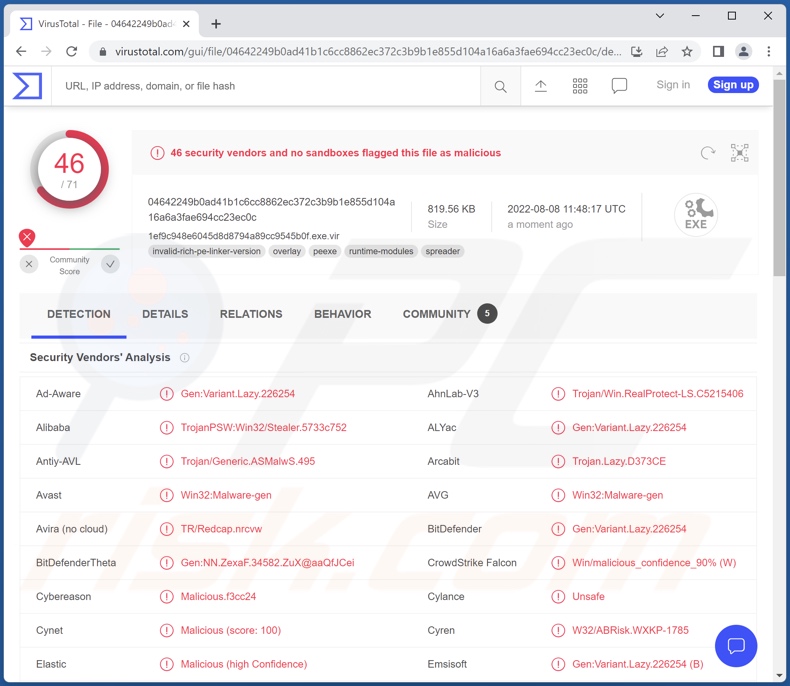 Erbium Malware-Erkennungen auf VirusTotal