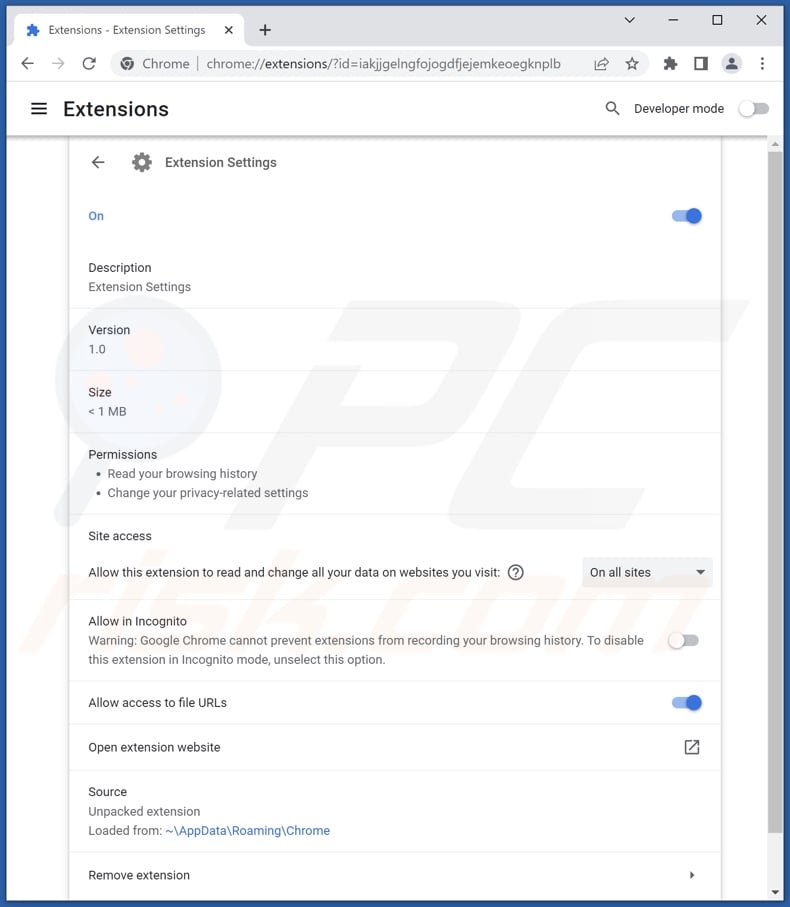 Extension Settings Browserentführer detaillierte Informationen