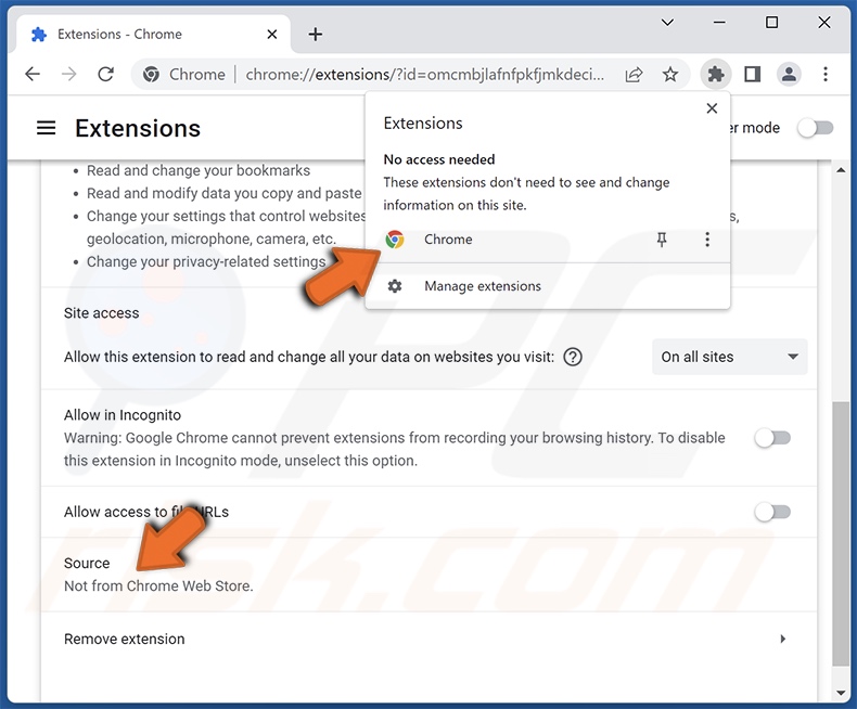 Beschreibung der gefälschten Chrome Erweiterung