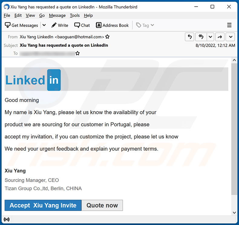 Spam-E-Mail mit dem Thema LinkedIn fördert eine Phishing-Seite (2022-08-11)