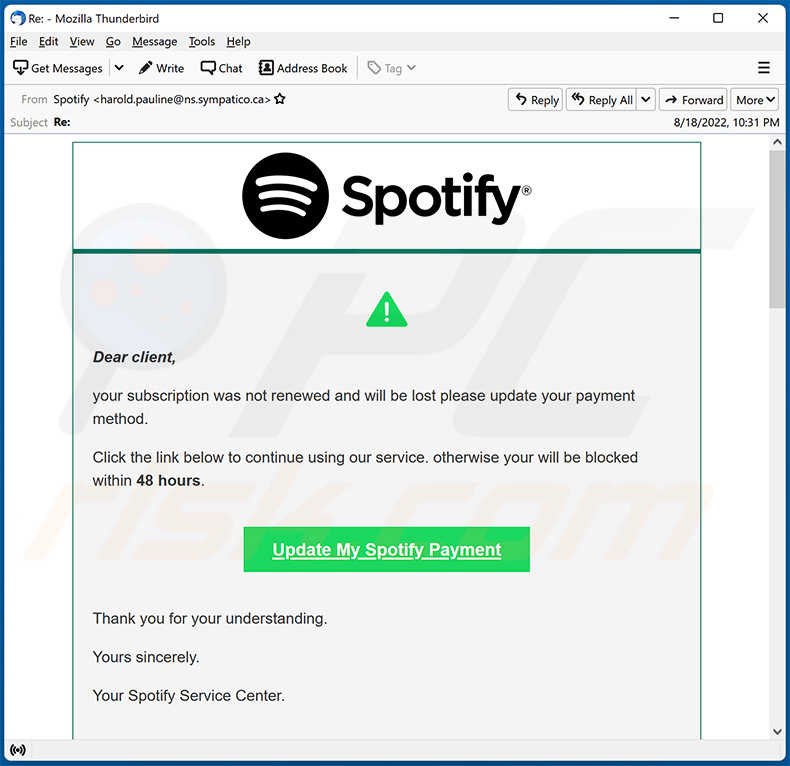 Betrugs-E-Mail mit dem Thema Spotify zur Förderung einer Betrugs-Webseite (2022-08-19)