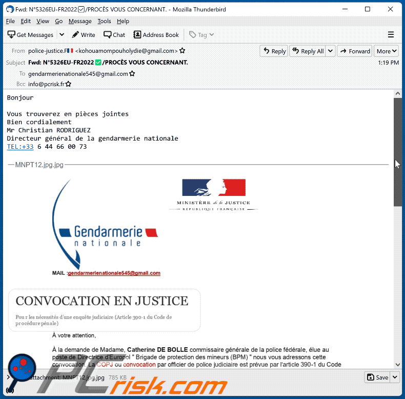 Summon To Court For Pedophilia Betrug Aussehen der E-Mail - französische Version (GIF)